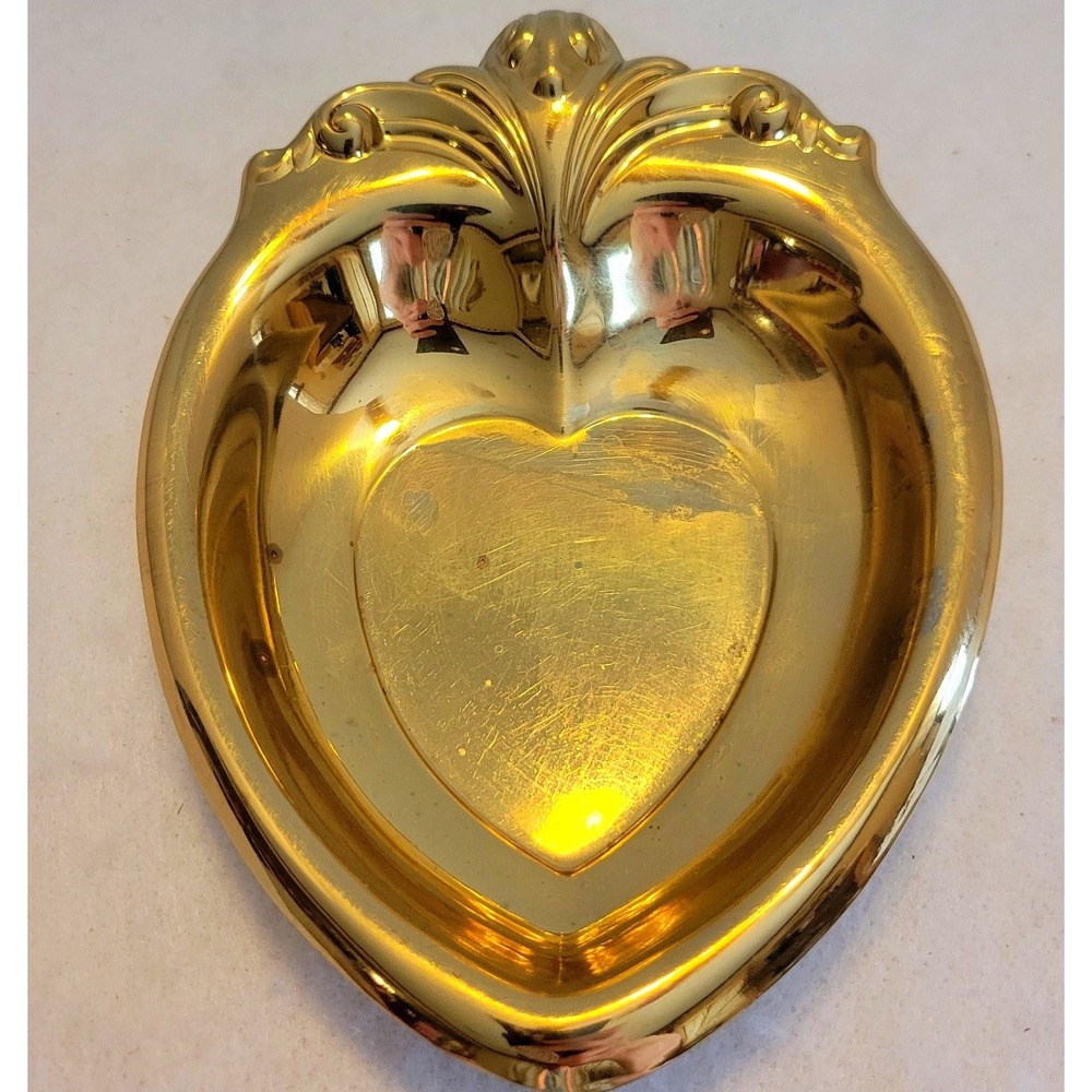 Heart Trinket Dish Small Gold / Brass Tone Vintage Scrolled Decorative Bowl 6"